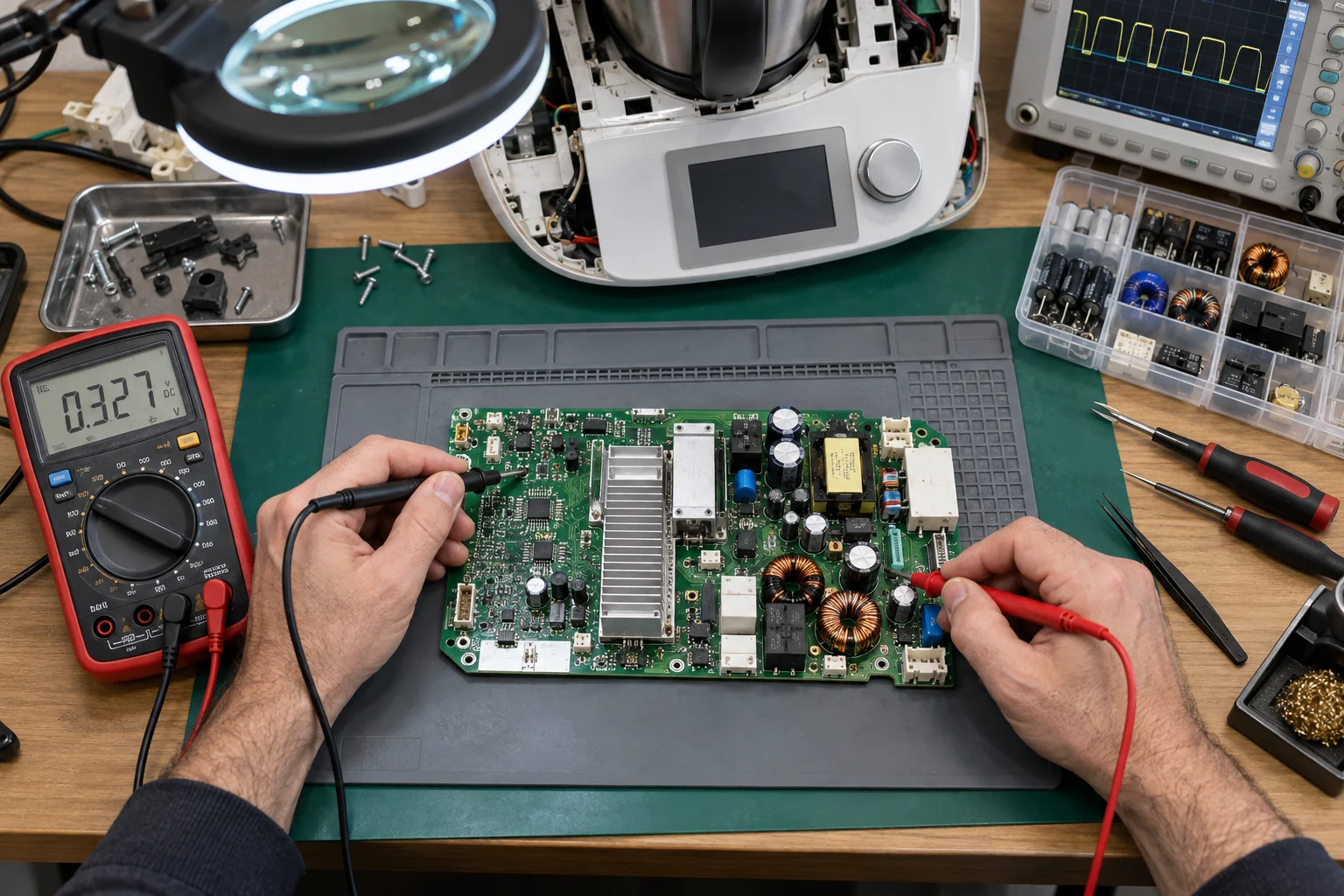 Reparación de placa electrónica Thermomix con instrumental de medida